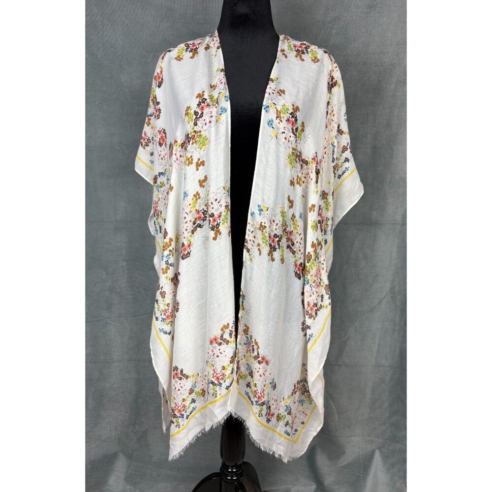 Woven Heart Open Duster Kimono Cover Up One Size Beige Floral Boho Resort